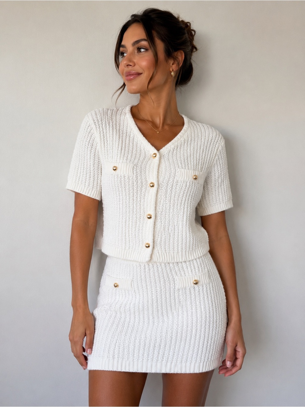 French Connection Cream Knit Mini Skirt with Gold Buttons